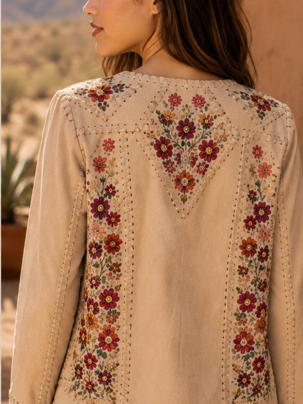 Embroidered Goat Suede Jacket Floral Boho Silk Lined Haute Hippie Whipstitch - Picture 2 of 11